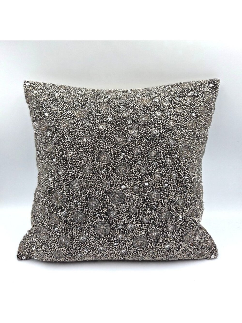 Ethan Allen Pillow Gray Silver Beaded Duck Fill Velvet Back 12" Luxury Glam
